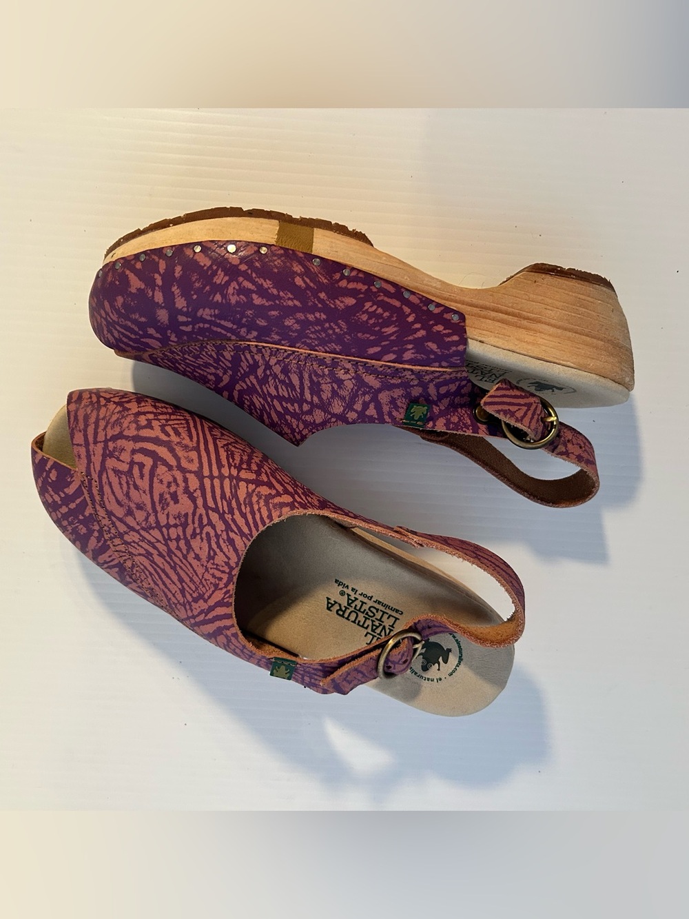El Naturalista Purple Patterned Slingback Peeptoe Wedge Clogs